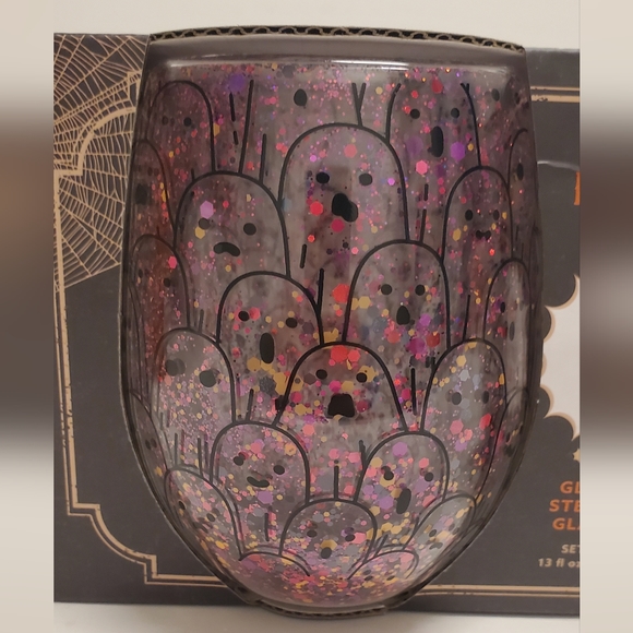 Happy Halloween Ghost Glow in the Dark Glitter Stemless Glasses Set of Two NEW - Picture 2 of 3